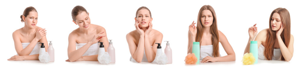 Poster - Collage of young woman with shower gels and bast wisps on white background