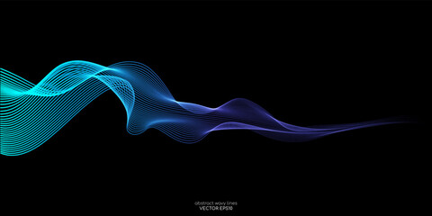 Wall Mural - vector wave lines smooth flowing dynamic blue green gradient light isolated on black background for 