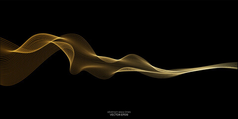 Wall Mural - Vector wave lines smooth flowing dynamic gold gradient light isolated on black background for concept of luxury, technology, digital, communication, science, music