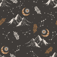 Seamless pattern with mountains in scandinavian style. Decorative background with landscape. Hand drawn ornaments.