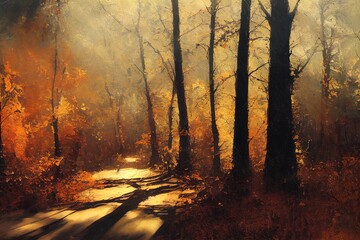 Sticker - road through forest in autumn. High quality illustration