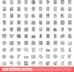 Canvas Print - 100 media icons set. Outline illustration of 100 media icons vector set isolated on white background