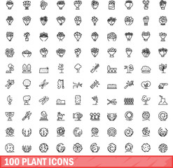 Sticker - 100 plant icons set. Outline illustration of 100 plant icons vector set isolated on white background
