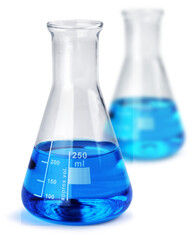 two labotatory test glass container beakers with blue liquid test samples isolated, minimum shadow