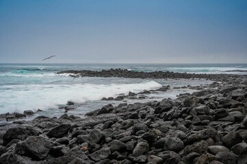 Sticker - Scenic view of the coast with small rocks getting hit by blue ocean waves in clear sky background