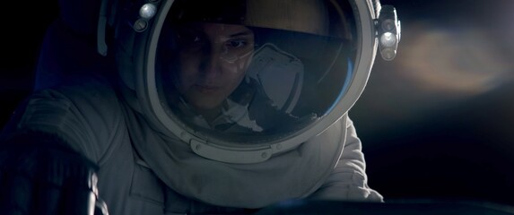 Wall Mural - portrait of female astronaut performing spacewalk, working on a outer part of a space craft. space e