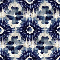 Wall Mural -  Summer indigo washed bandana dyed motif seamless pattern. Fashion blur bleed all over print for beach wear. Masculine shirt tie dye effect. Repeatable woven textile swatch 