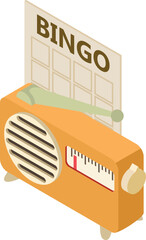 Retro leisure icon isometric vector. Vintage brown radio receiver, lottery ticket. Time pastime, leisure