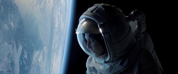 Wall Mural - cu portrait of caucasian female astronaut during spacewalk on the earth orbit. space exploration