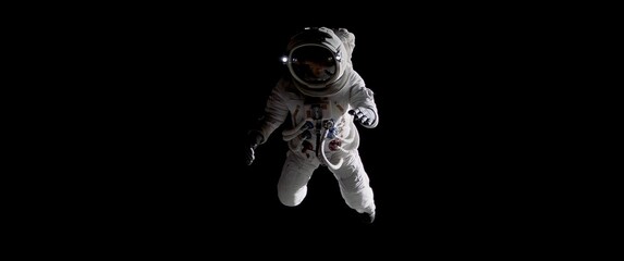 Wall Mural - full portrait of caucasian female astronaut during spacewalk, deep space in the background