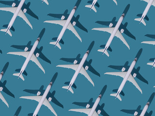 Airplane background. Flights, travel and aviation. Pattern of white planes on a blue background. The passenger plane is flying. Air transport concept.