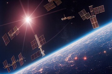 Wall Mural - 3d rendering of photovoltaic power plants orbiting the earth