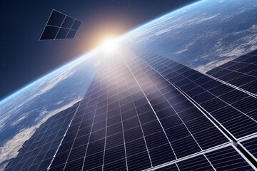 Wall Mural - 3d rendering of photovoltaic power plants orbiting the earth