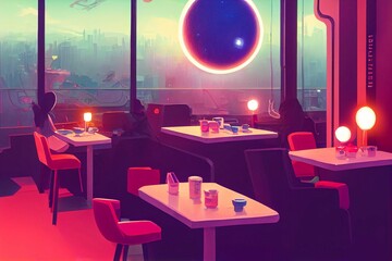 Wall Mural - 3d rendering of science fiction cyberpunk cafe