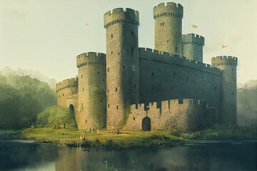 Canvas Print - Digital 3D render of a beautiful fantasy medieval castle surrounded by a moat in a fairy tale