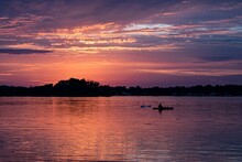 Scenic View Of A Man's Silhouette On A Kayak In A Lake Near Swans At Sunset In Rochester, New York