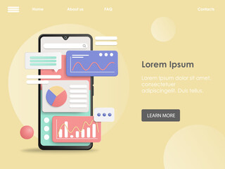 Analytics in mobile app vector landing page