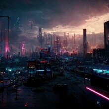 Hyper-realistic Illustration Of A Futuristic City With Colorful Neon Lights At Night
