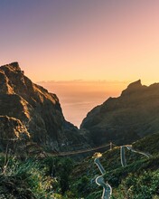 Vertical Shot Of Scenic Mountains With A Sunset Sky In Masca Canyon, Tenerife, Canary Islands