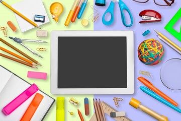 Sticker - Set of colored school accessories on the desk