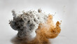 Dust spray, white smoke, powder explosion with particles.