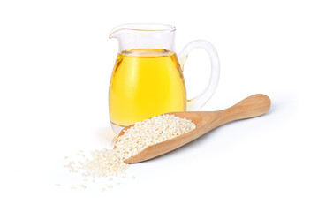 Wall Mural - Sesame seed oil in glass jar with white sesame seeds isolated on white background.