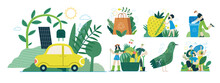 Ecology - Modern Flat Vector Concept Illustration On Green Positive Thinking. Waste Sorting, Recycling, Green Energy, Save The Planet, Bio Farming. Creative Landing Web Page Illustrations Set