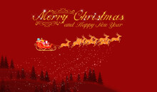 Merry Christmas Card, Santa Claus And Rudolph Reindeer  Happy New Year, Hill With Fir And Red Background
