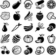 Sustainable healthy fruit and vegetable icon collection - vector outline illustration and silhouette