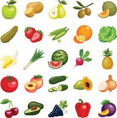 Wall Mural - Sustainable healthy fruit and vegetable icon collection - vector color illustration