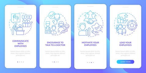 Caring leadership blue gradient onboarding mobile app screen. Empower employees walkthrough 4 steps graphic instructions with linear concepts. UI, UX, GUI template. Myriad Pro-Bold, Regular fonts used