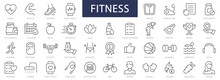 Fitness And Sport Thin Line Icons Set. Fitness Editable Stroke Icon. Fitness, Sport, Gym, Cardio, Running, Diet, Yoga, Health Symbol. Vector