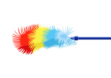 Fluffy Dust Colorful Brush With Handle. Vector Illustration. House Cleaning Rainbow Tool In Cartoon Style, Isolated On White.