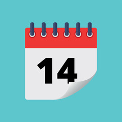 Vector illustration of specific day calendar with bent tip effect isolated on blue background marking day 14.