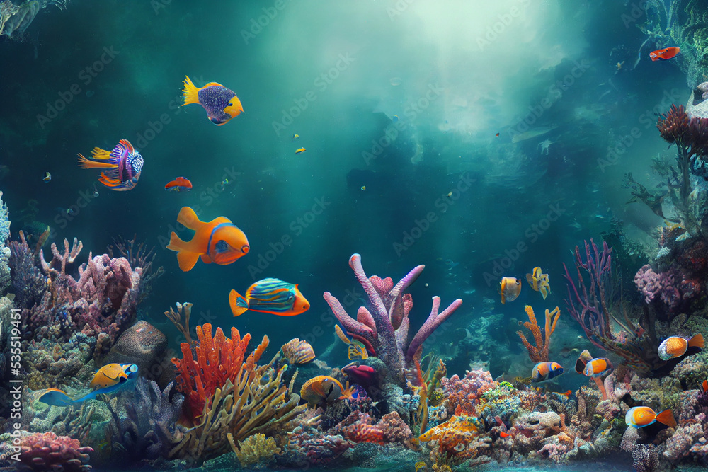 Underwater life at sea or ocean bottom. Exotic undersea world with ...
