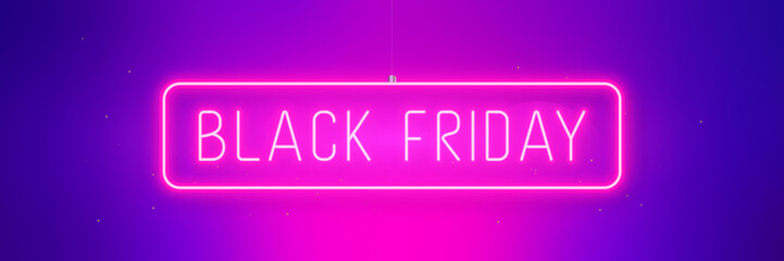 Wall Mural - Black Friday Sale template design. Hanging glowing frame with text. Pink and violet gradient horizontal banner for Black Friday.