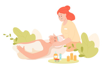 Wall Mural - cosmetologist giving facial massage to woman on white background. professional beautician and female