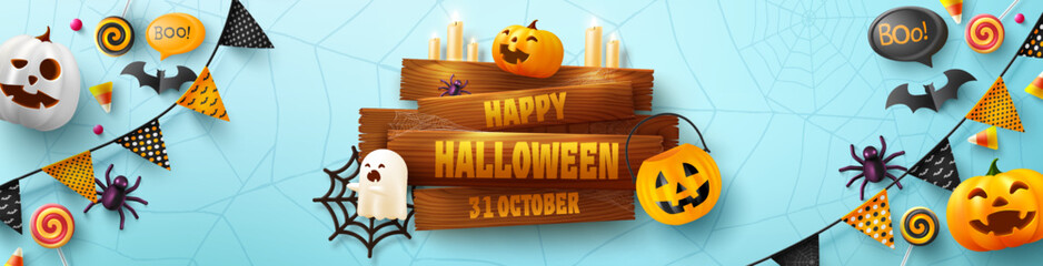 Wall Mural - Halloween banner template with Old wooden board,Halloween Ghost Balloons,Pumpkin.Scary air balloons,bat,candy and Halloween Elements on blue background