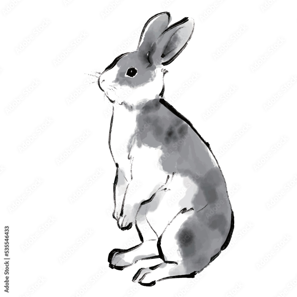 水墨画　うさぎ うさぎの水墨画イラスト モノクロ 卯年 兎 年賀状 Stock Vector