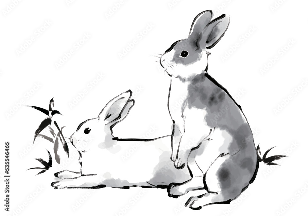 Vector de Stock うさぎの水墨画イラスト モノクロ 卯年 兎 年賀状