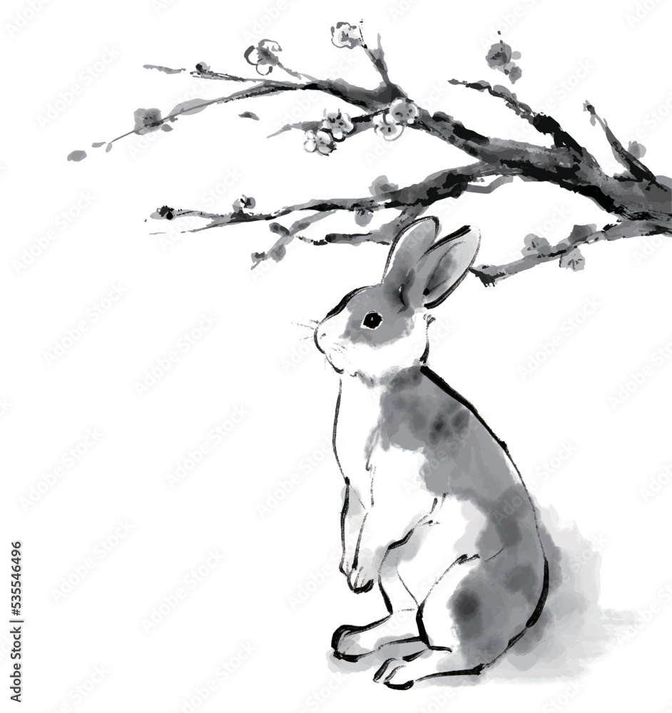 うさぎと梅の木の水墨画イラスト モノクロ 卯年 兎 梅 年賀状 の Stock