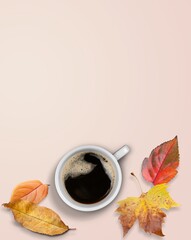 Poster - Cup of hot aroma coffee with colored autumn leaves