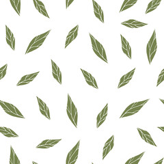 Wall Mural - Green leaves botanical seamless pattern. Hand drawn botanical elements on white background