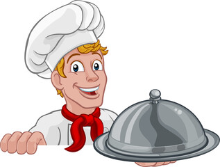 Wall Mural - Chef Cook Baker Man Cartoon Holding Domed Tray