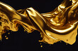 © ayagaki - 3D rendering, golden liquid, metallic moving liquid spray, heart shaped gel, golden splash clip art, artistic paint, abstract design elements isolated on black background. Luxury Beauty Concept