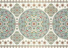 Blue, Green And Red Turkish Seamless Pattern With Luxury Floral Ornament. Traditional Arabic, Indian Motifs. Great For Fabric And Textile, Wallpaper, Packaging Or Any Desired Idea.