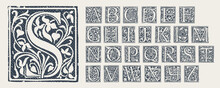 Alphabet In Medieval Gothic Style. Set Of Monochrome Grunge Style Emblems.