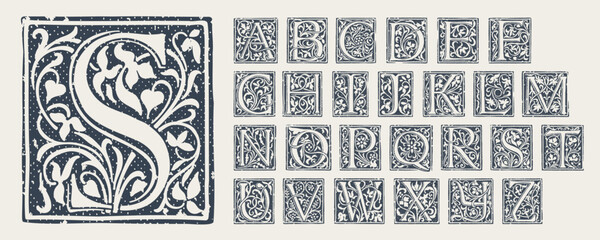 Alphabet in medieval gothic style. Set of monochrome grunge style emblems.