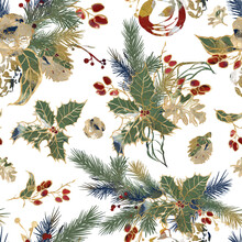 Watercolor Christmas Seamless Pattern Of Gold Contour Oak Leaves, Berries And Fir Branches. Hand Painted Holiday Flowers Isolated On White Background. Illustration For Design, Print Or Background.