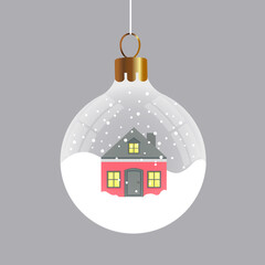 Wall Mural - christmas glass ball with snow and a house. vector design.